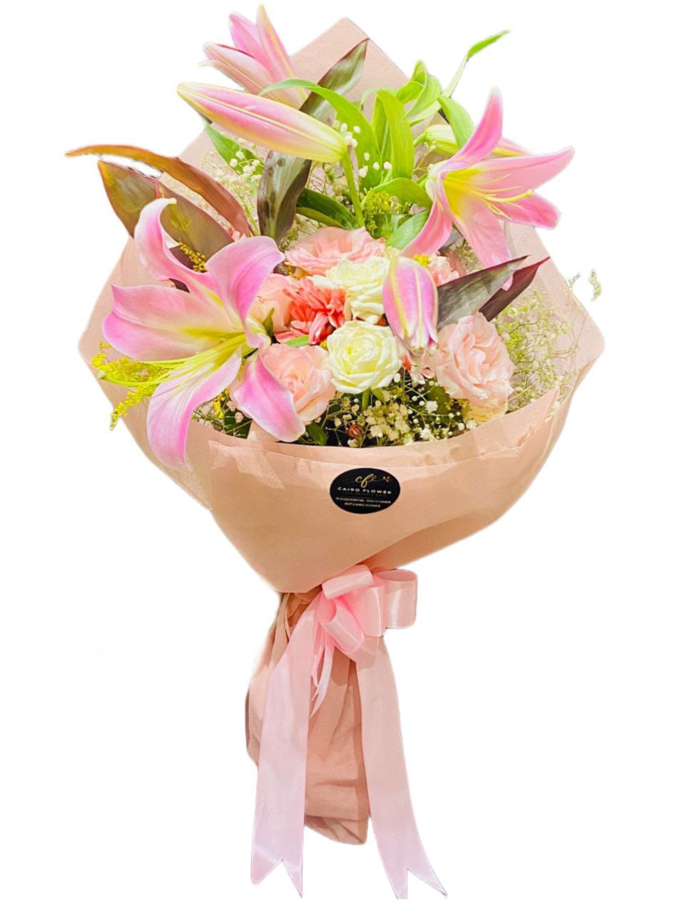 Pink Lily Bouquet with White & Pink Roses