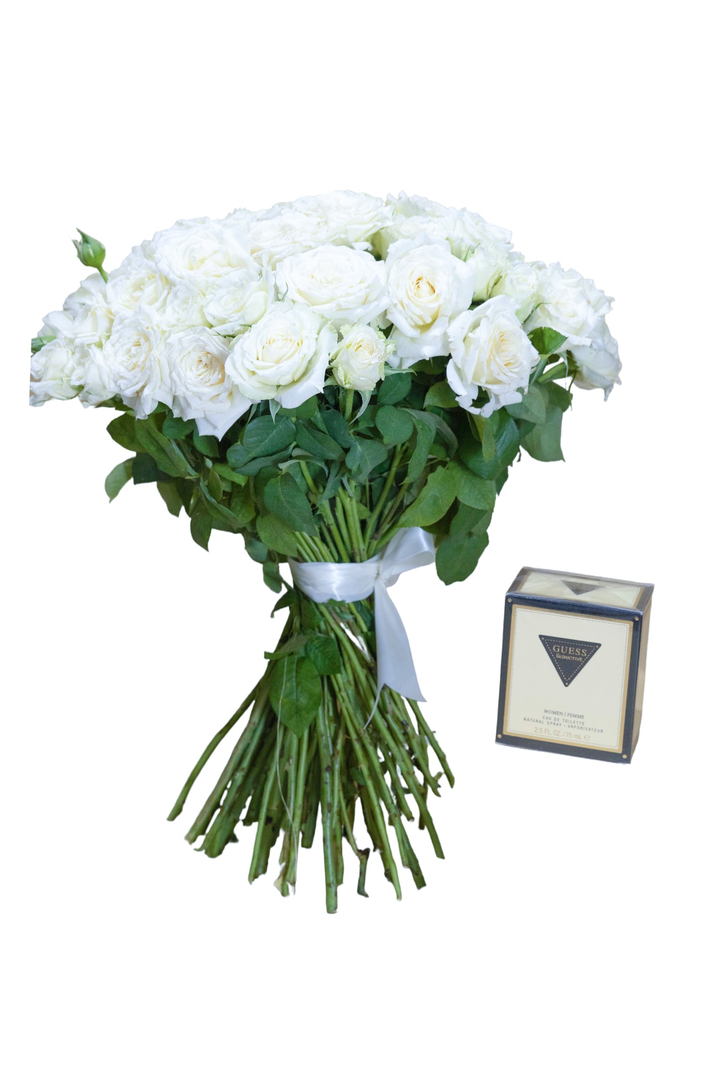 Pure Elegance – White Rose Bouquet with Guess Perfume
