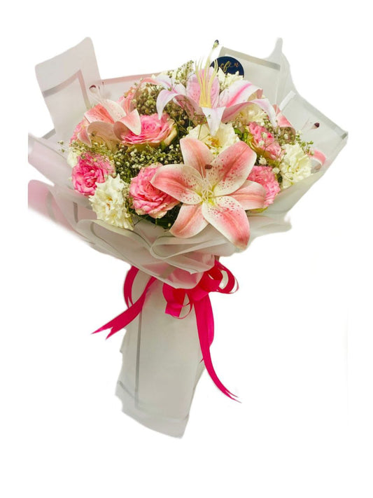 "Soft Elegance" – Pink & White Roses with Artificial Lily