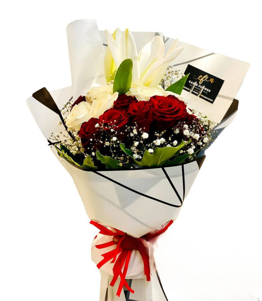 Vibrant Mixed Bouquet – Red, White Roses with Natural White Lilies