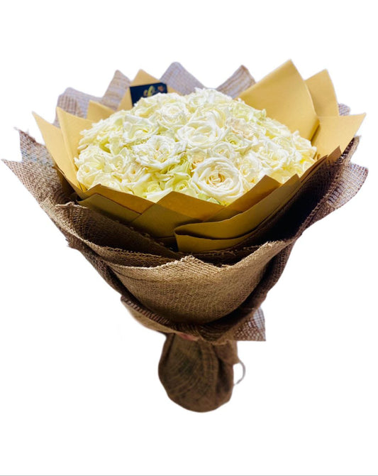 White Bouquet with Beige & Burlap Wrap