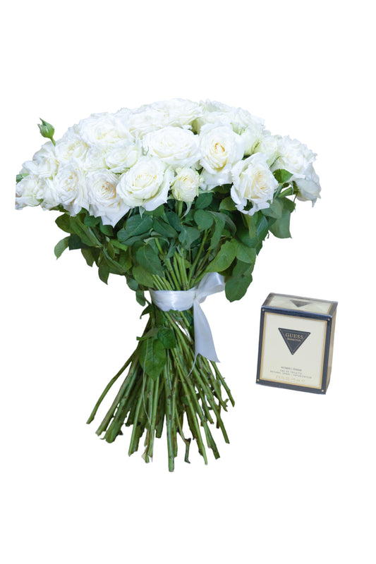 Pure Elegance – White Rose Bouquet with Guess Perfume