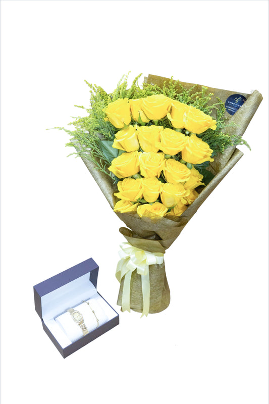 Golden Moments – Yellow Rose Bouquet with Elegant Watch Set