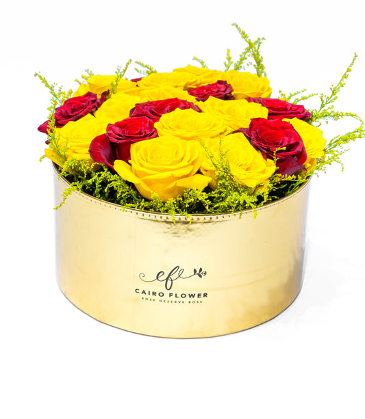 Golden Radiance Floral Box – Yellow & Red Roses