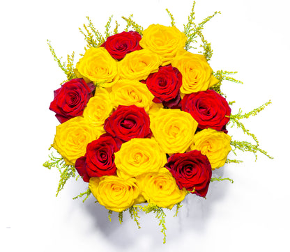 Golden Radiance Floral Box – Yellow & Red Roses