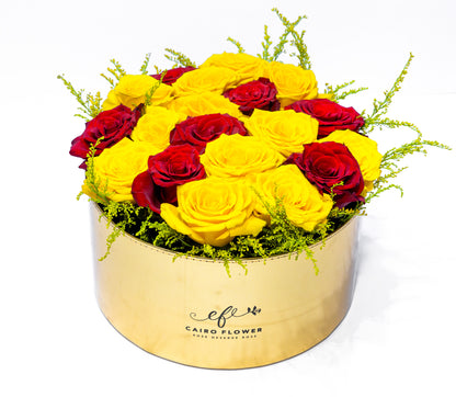 Golden Radiance Floral Box – Yellow & Red Roses