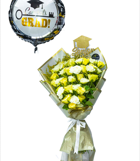 Golden Graduate – Yellow & White Rose Bouquet with Balloon