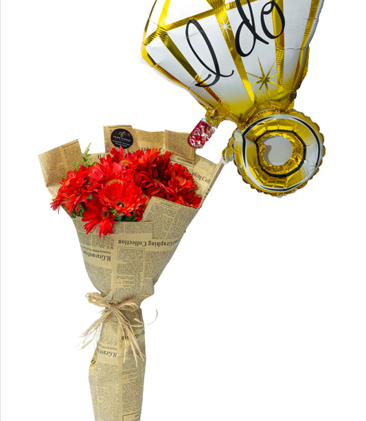Red Bloom Engagement Bouquet with Balloon