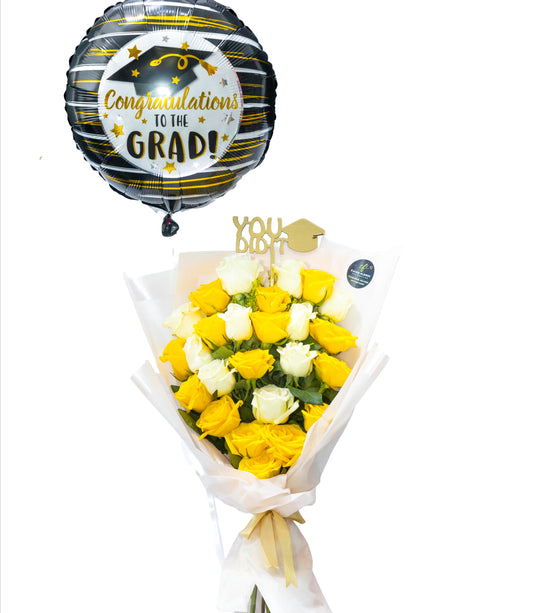 You Did It! – Yellow & White Graduation Bouquet with Balloon