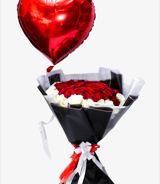 Heart of Love – Red & White Rose Bouquet with Balloon
