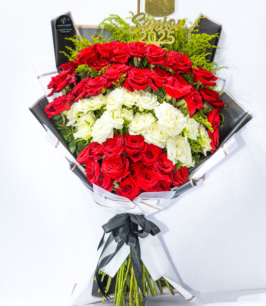 Graduation Glory – Red & White Rose Celebration Bouquet