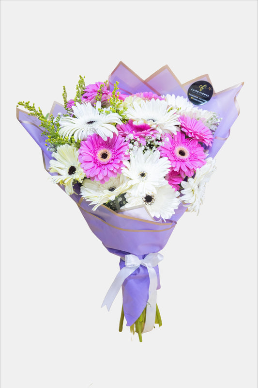 Elegant Gerbera Harmony – White & Purple Bouquet