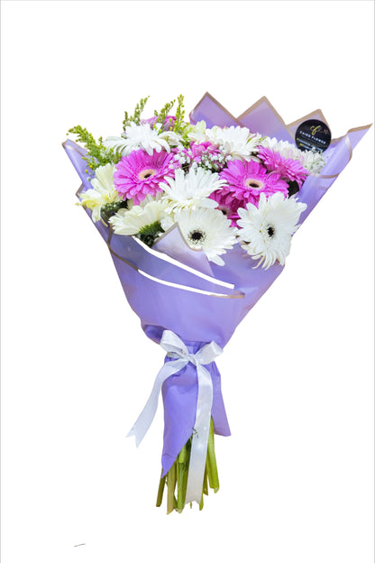 Elegant Gerbera Harmony – White & Purple Bouquet