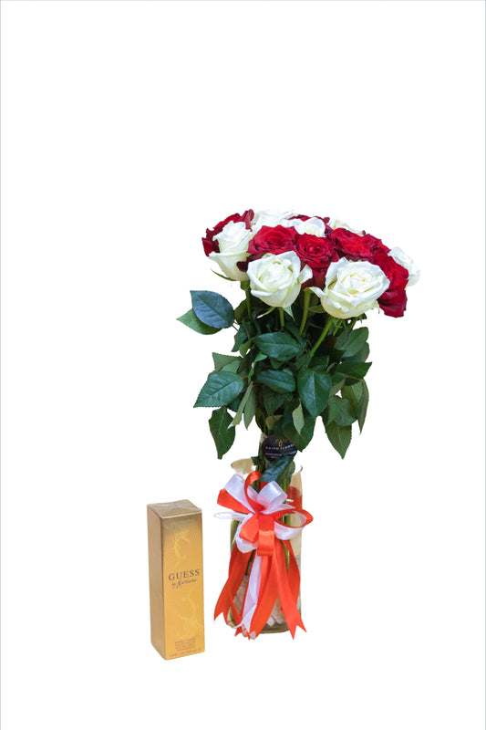 Elegance Combo – Red & White Roses with Guess by Marciano Perfume