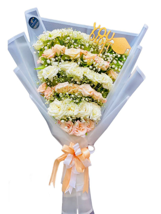 Graduation Glow – White & Light Pink Roses with Greenery