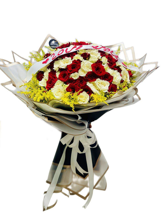 Classic Charm – White & Red Roses with Greenery