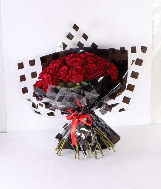 “Romantic 30 Imported Red Roses Bouquet with Exposed Stems”
