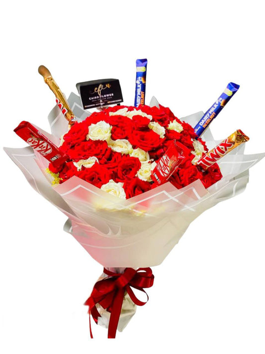 "Elegance & Emotion" – White & Red Rose Bouquet with Chocolates